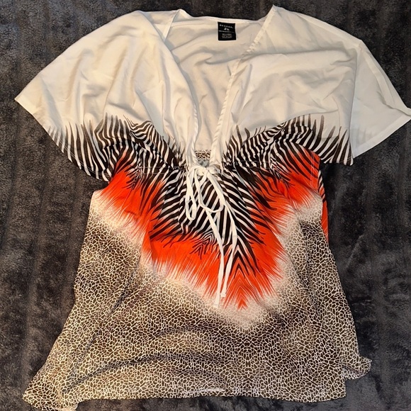 New York & Company Tops - New York & Company White and Orange and Brown Blouse